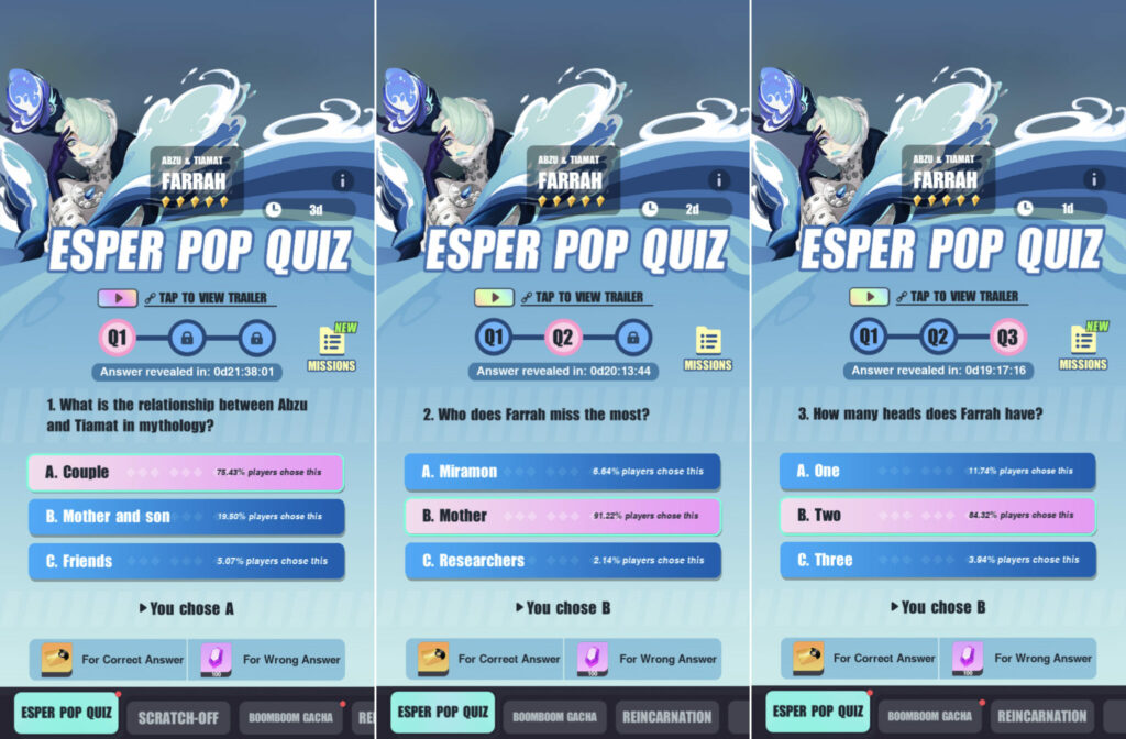 Dislyte Esper Pop Quiz Farrah quiz answers 