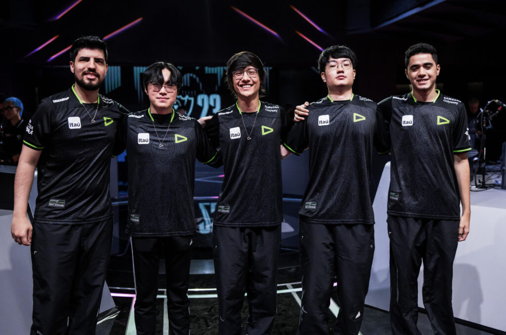 LOUD at Worlds 2023 following their first perfect series - image via Colin Young-Wolff/Riot Games