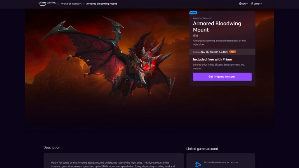 World of Warcraft Armored Bloodwing mount