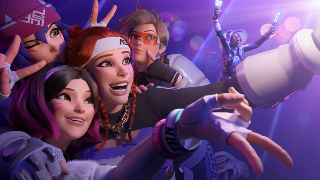 Overwatch 2 heroes D.va, Kiriko, Brigitte, Tracer, and Sombra 