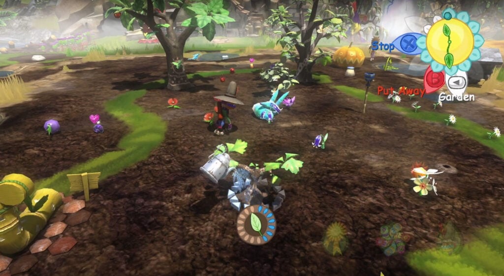 A screenshot of Viva Piñata, a typical garden with a tree being watered