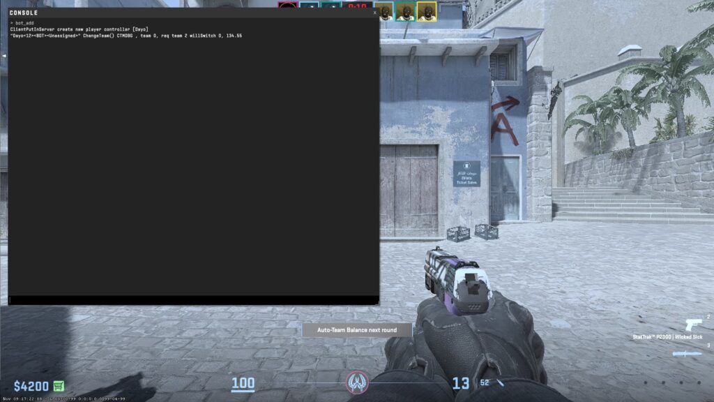 The console is open showing the command to add a bot back to the game in CS2.