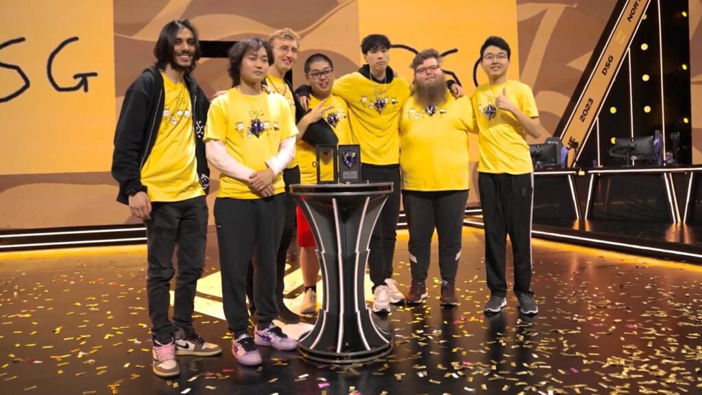 The Disguised League of Legends team poses with their trophy after winning the NA Challengers League Summer 2023.