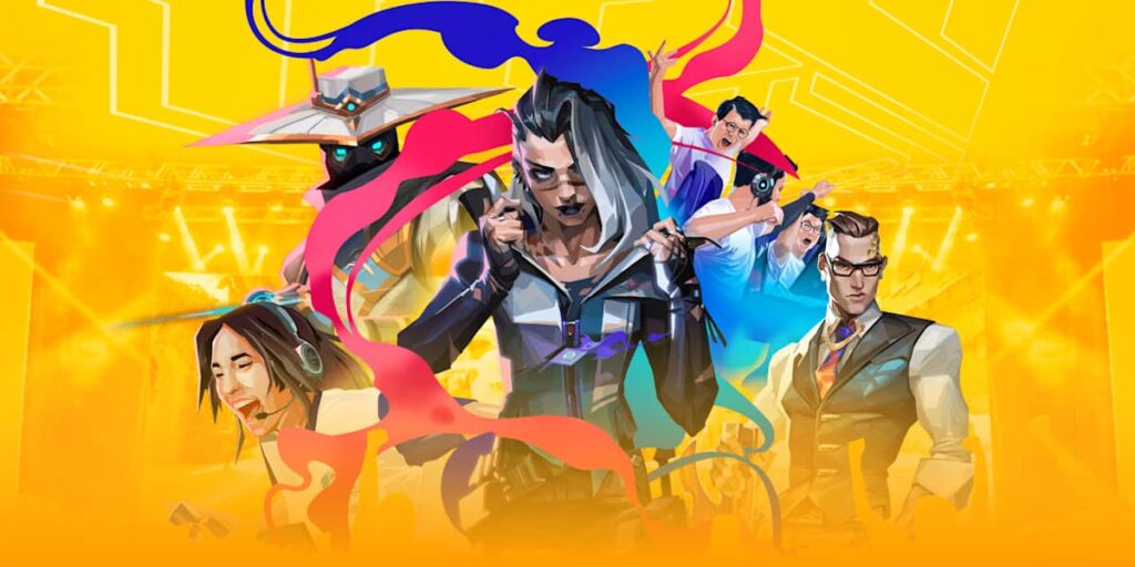 Gamers and VALORANT Agents show excitement in an advert for Red Bull Campus Clutch.