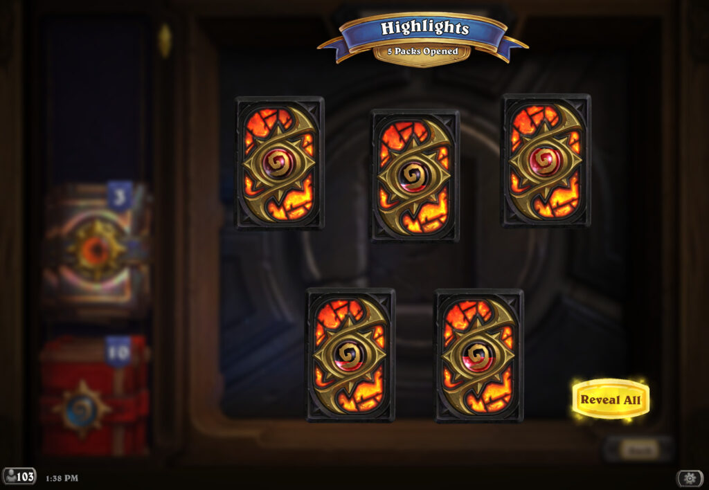 A screenshot of opening card packs in the game 