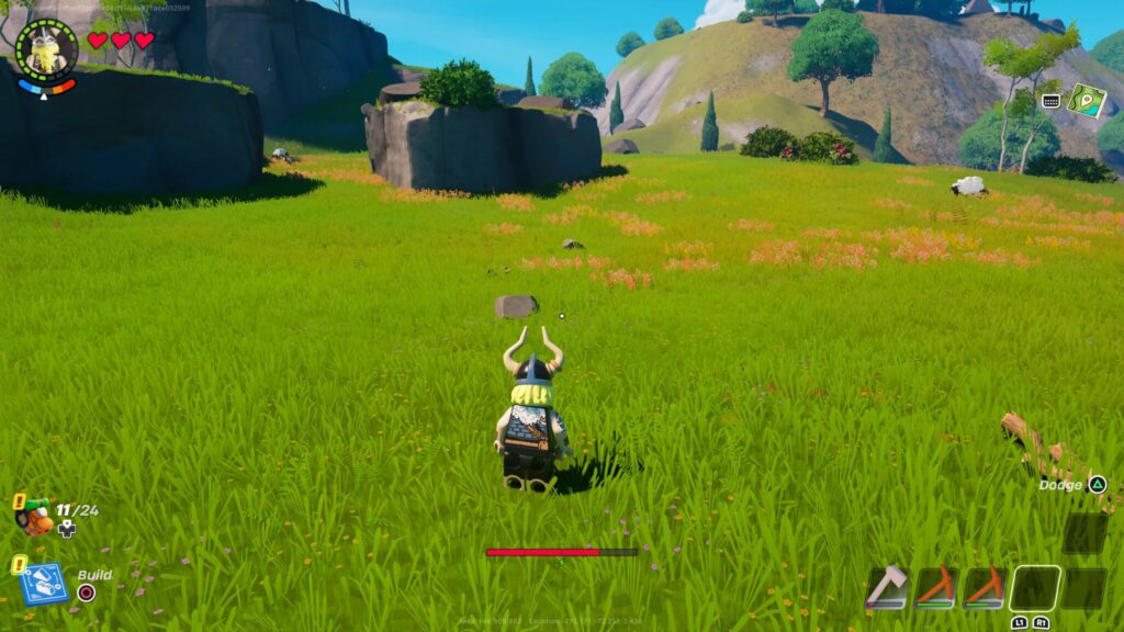 Magnus runs towards a small rock in LEGO Fortnite.