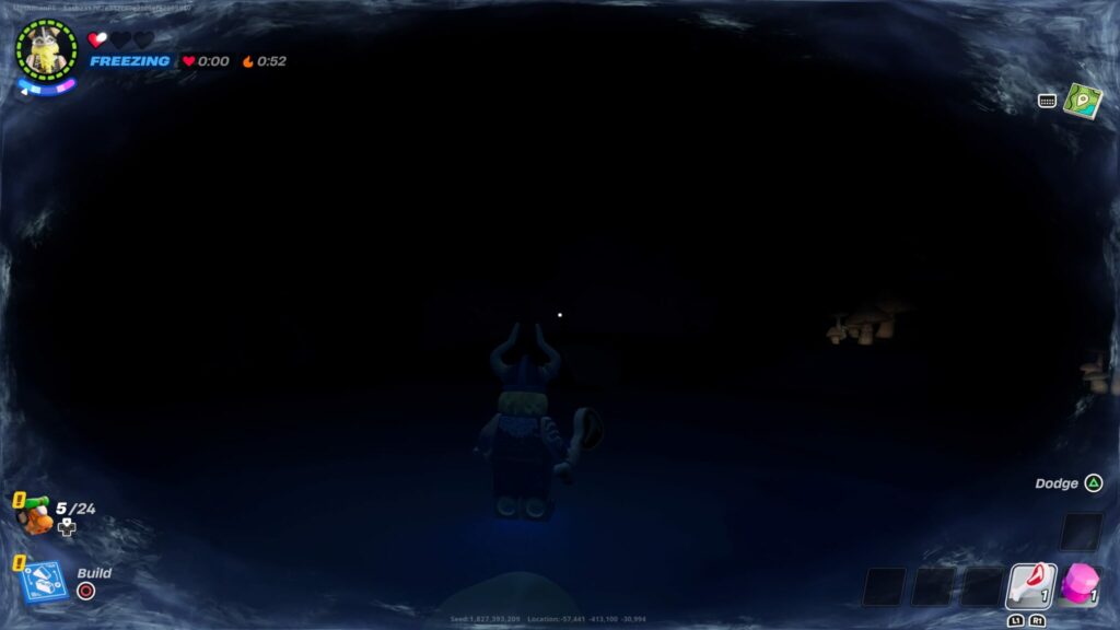 Magnus begins to freeze inside of a cave in LEGO Fortnite.