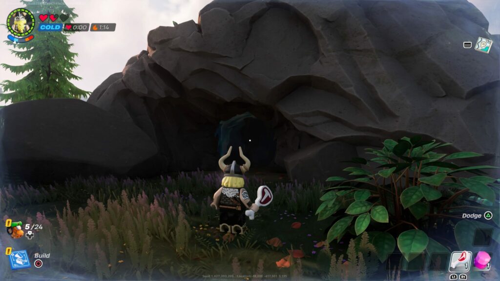 Magnus approaches a cave in LEGO Fortnite.