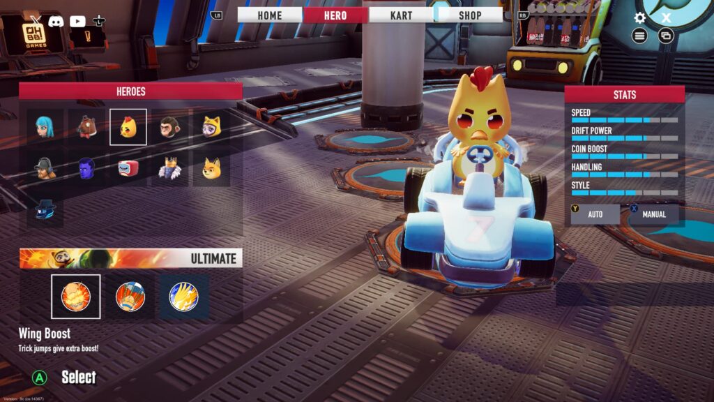 Chibben and the racer's stats in Oh Baby! Kart.