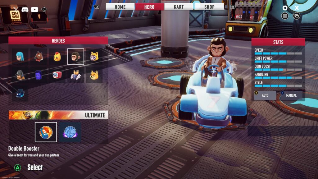 Chimpanzee and the racer's stats in Oh Baby! Kart.