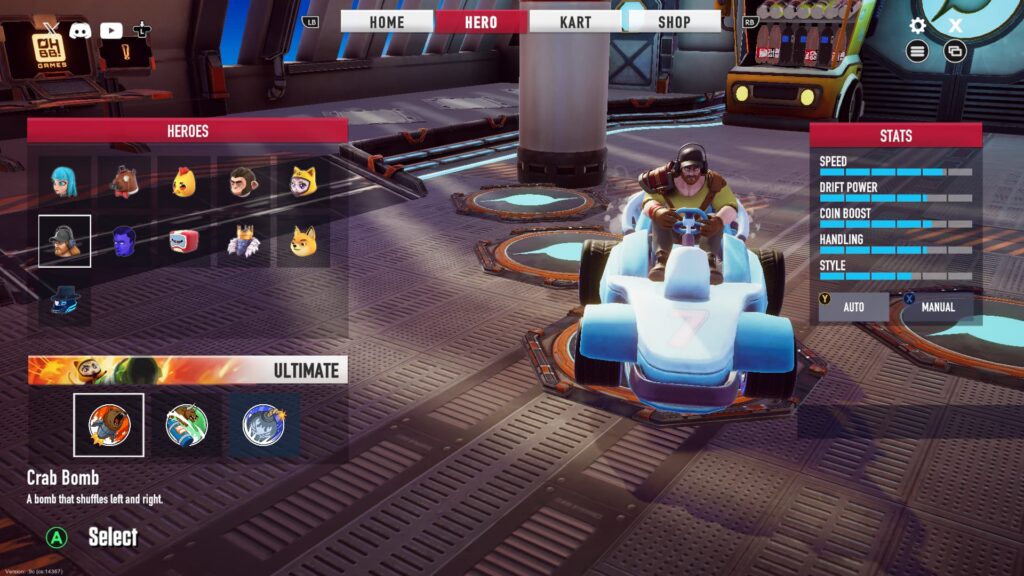 Cobie and the racer's stats in Oh Baby! Kart.