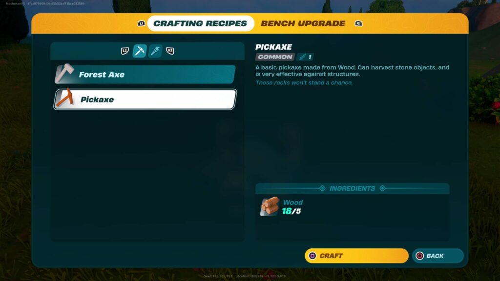 The Pickaxe in the crafting menu.