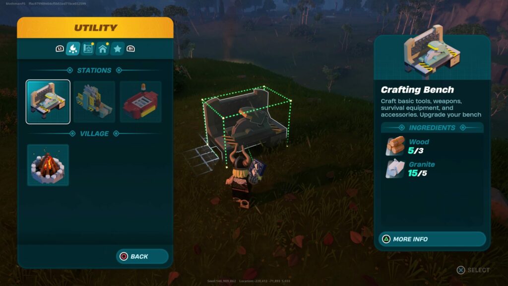 Magnus begins placing down a crafting bench in LEGO Fortnite.