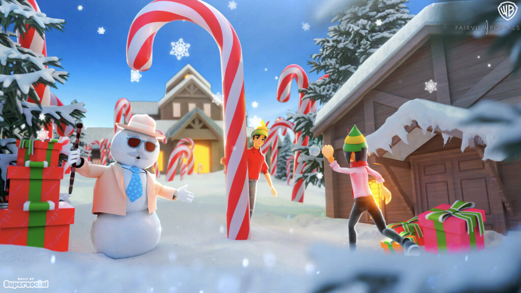 Leon the Snowman stands in a lane of candycanes in the Elf North Pole Workshop Roblox experience.