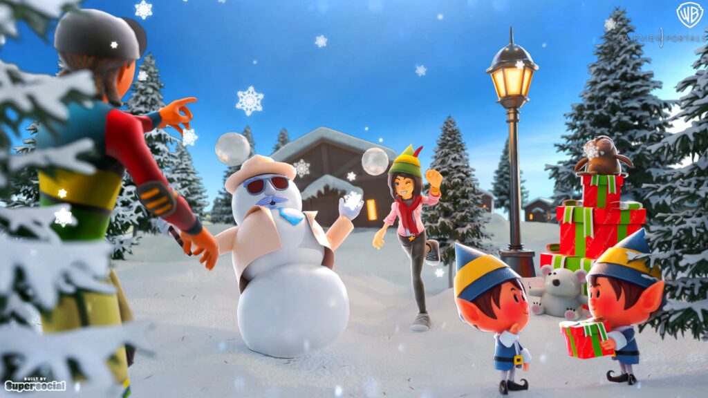 A snowman and elves have a snowball fight in the Elf North Pole Workshop experience of Roblox.