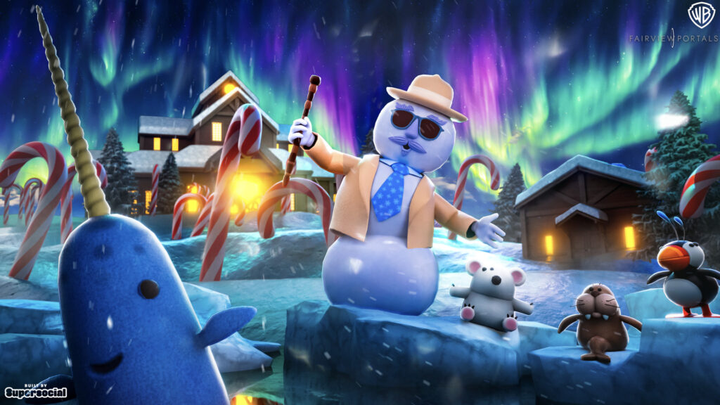 A Narwhal, snowman, and other animals sit on ice in Elf North Pole Workshop on Roblox.