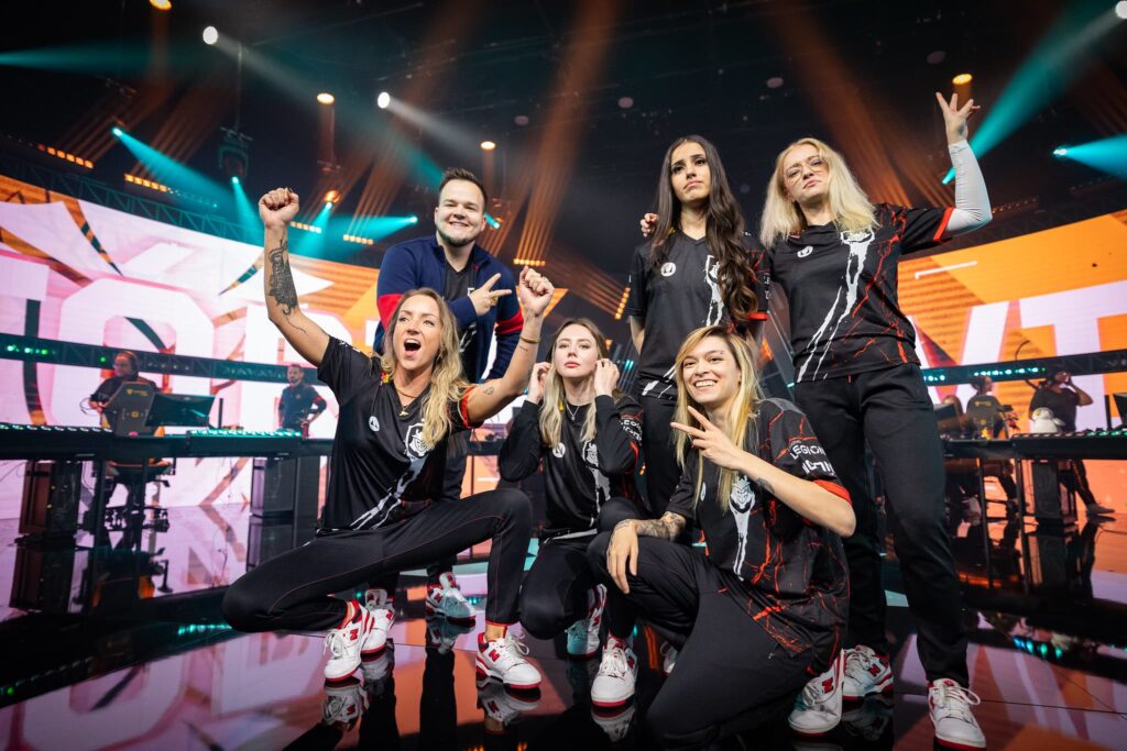 G2 Gozen pose on stage after victory against Team SMG at the 2023 VALORANT Game Changers Championship Quarterfinals at CBLOL Studio in São Paulo, Brazil on November 29, 2023.