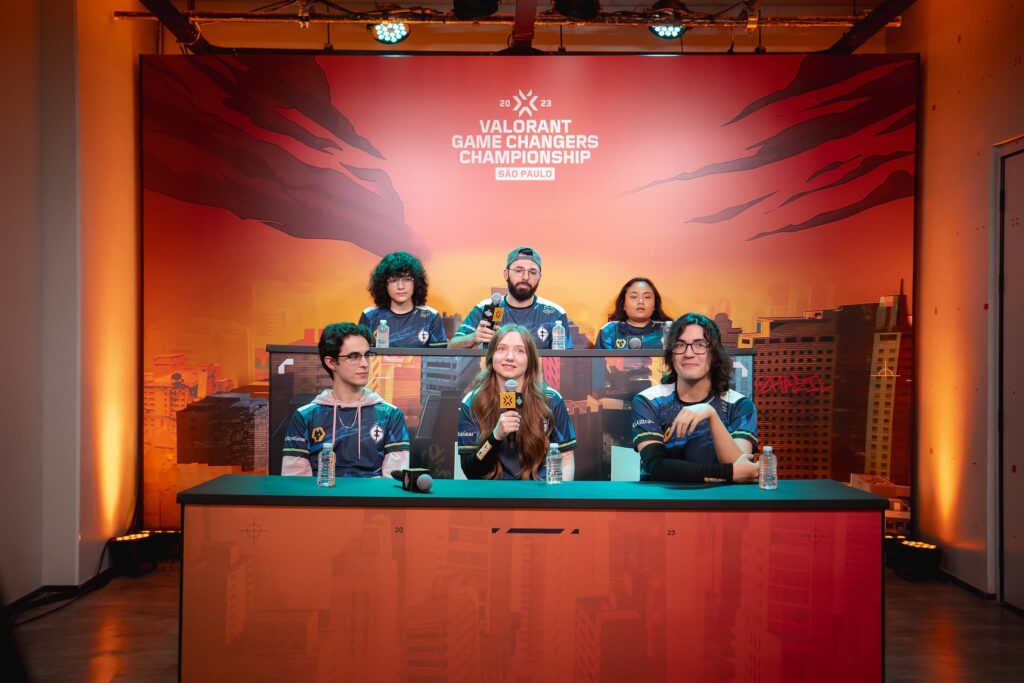 Evil Geniuses GC speak at a post interview after being defeated by Team Liquid Brazil at the 2023 VALORANT Game Changers Championship for Knockouts at CBLOL Studio on November 30, 2023 in São Paulo, Brazil.