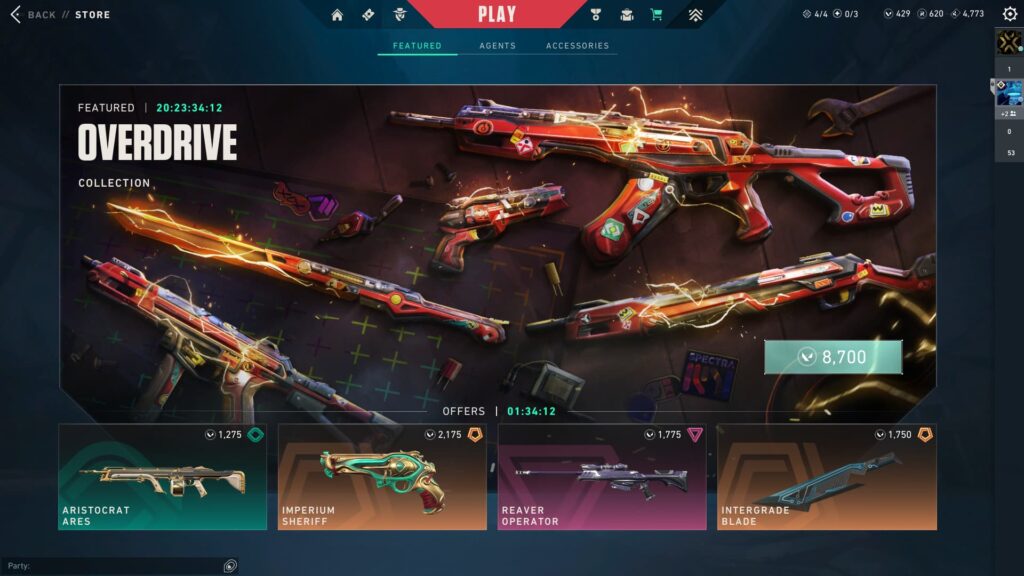 The VALORANT Overdrive bundle in the shop, showing the price of 8,700 VALORANT points.