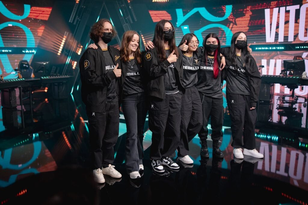 Shopify Rebellion, before the match vs Team Liquid, pose on stage after victory against BBL Queens at the 2023 VALORANT Game Changers Championship Upper Bracket SemiFinals at CBLOL Studio on November 30, 2023 in São Paulo, Brazil.