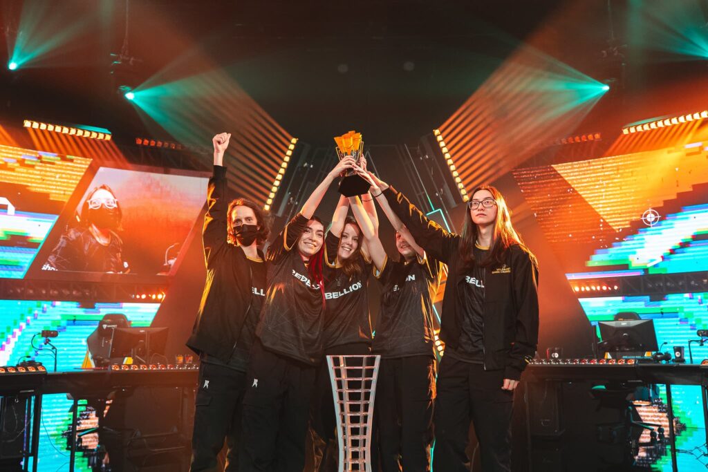 Shopify Rebellion, with alexis, pose with the VALORANT trophy after victory at the Game Changers Championship Grand Finals at CBLOL Studio on December 03, 2023 in São Paulo, Brazil.