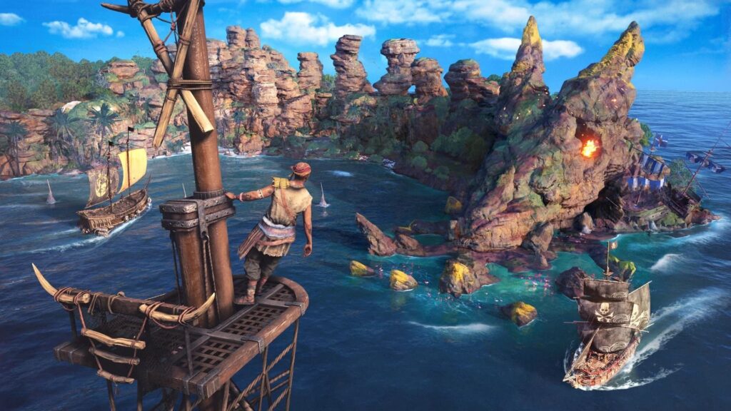 A pirate stands in the lookout perch of a pirate ship, watching a battle ensue near an island in Skull and Bones.