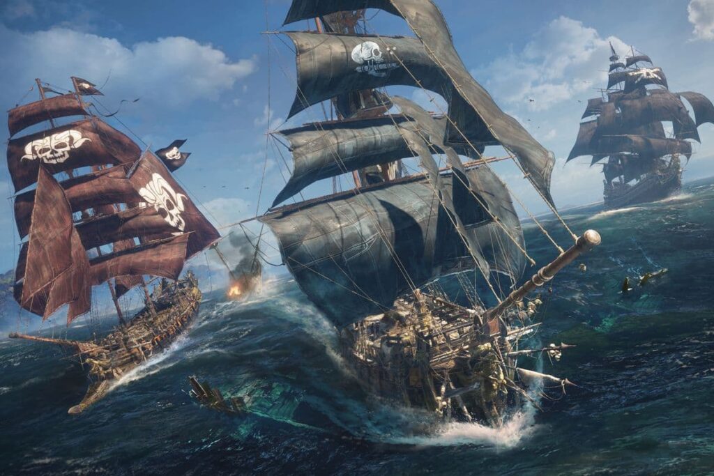 Three large pirate ships travel in the ocean surrounded by crashing waves in Skull and Bones.