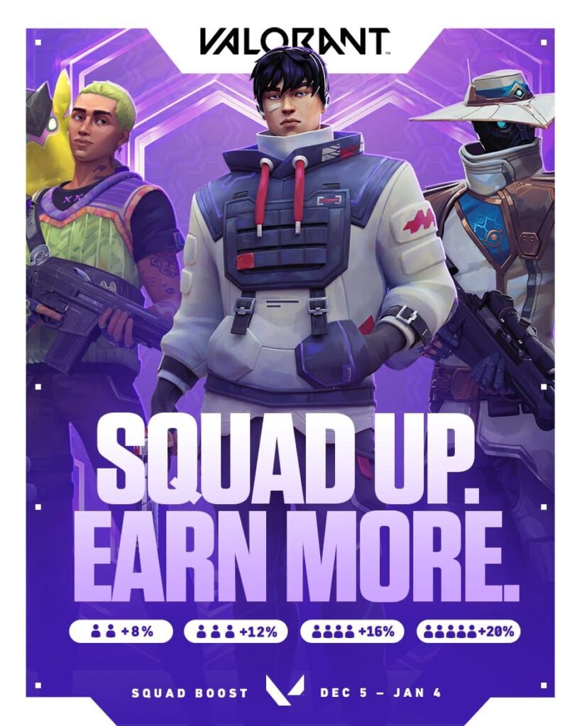Gekko, Iso, and Cypher stand next to each other in the announcement image for Squad Boost in VALORANT.