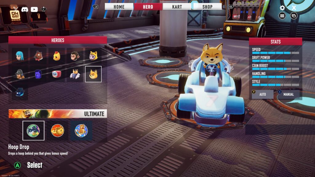 Suited Shiba and the racer's stats.