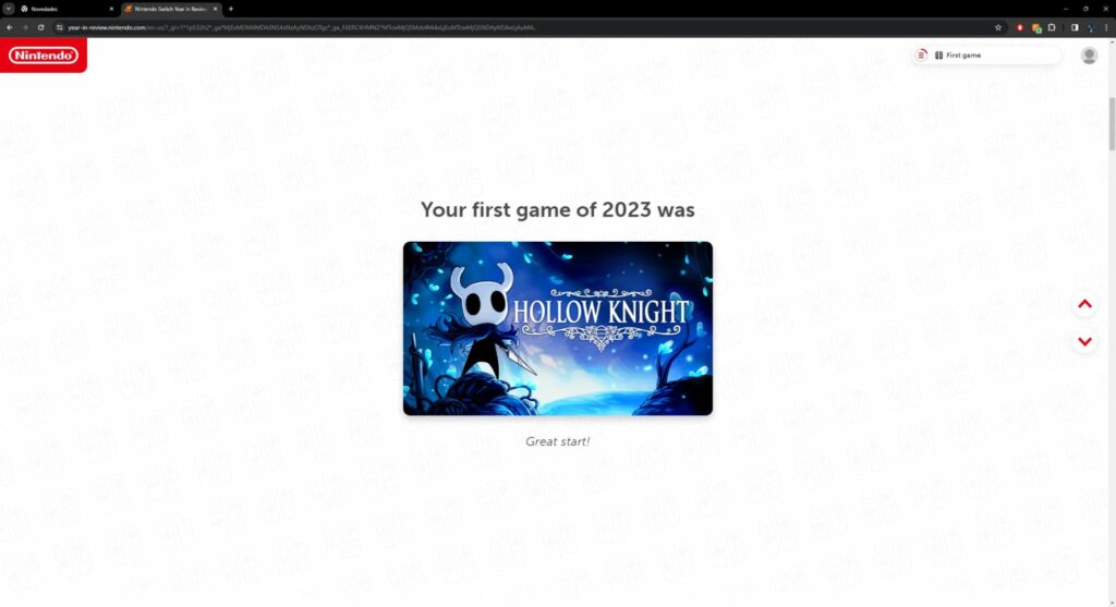 Hollow Knight as the first game played in this Nintendo Switch Year in Review 2023.