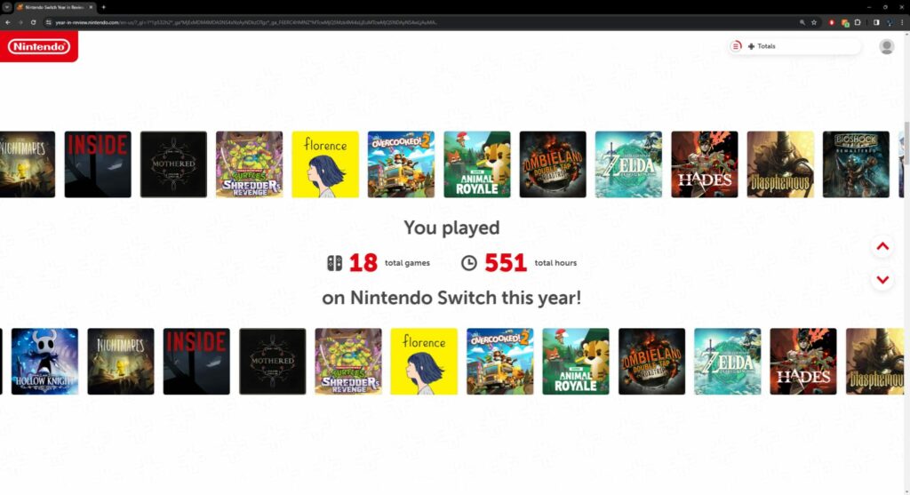 The amount of games played and total hours for this Nintendo Switch Year in Review.