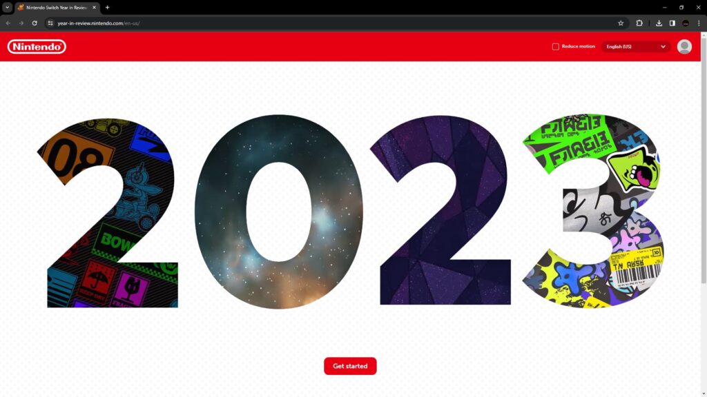 The year 2023 and a red Get Started button underneath for the Nintendo Switch Year in Review 2023.