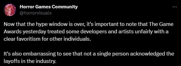 A tweet about The Game Awards 2023 backlash.
