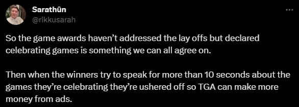 A tweet about The Game Awards 2023 backlash.