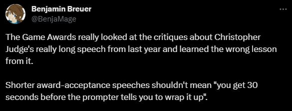 A tweet about The Game Awards 2023 backlash.