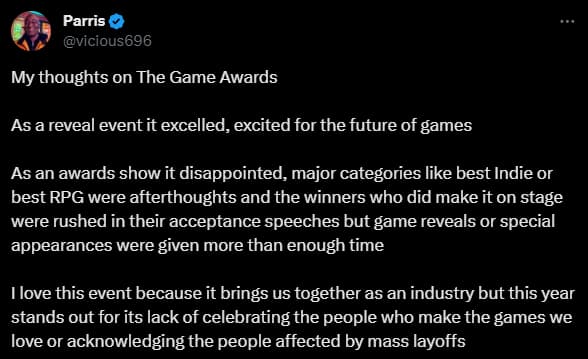 A tweet about The Game Awards 2023 backlash.