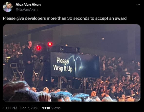 A tweet about The Game Awards 2023 backlash.