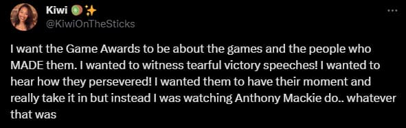 A tweet about The Game Awards 2023 backlash.
