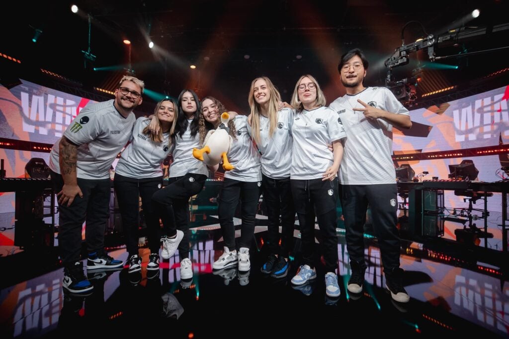 Team Liquid Brazil pose on stage after victory against Team SMG at the 2023 VALORANT Game Changers Championship for Knockouts at CBLOL Studio on December 02, 2023 in São Paulo, Brazil.