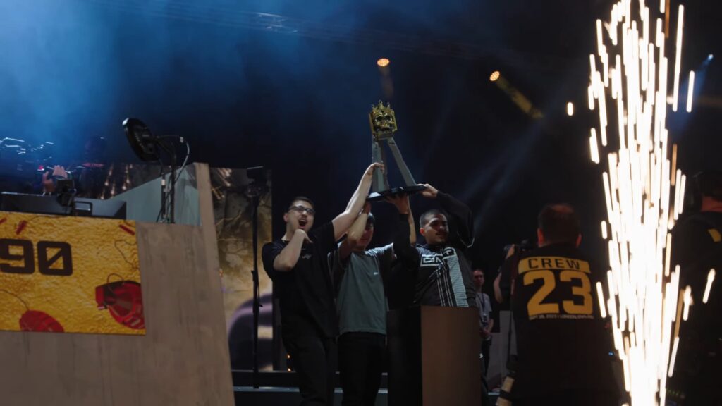 Team Biffle lifts the World Series of Warzone trophy at the London LAN, as seen in the Flow State documentary.