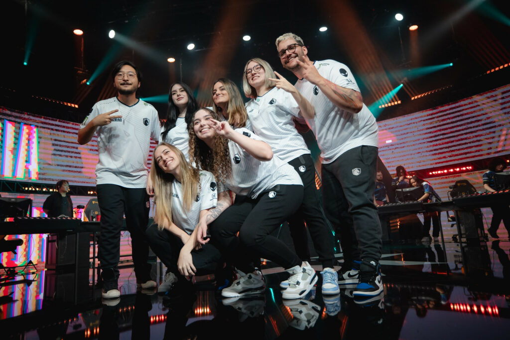 Team Liquid Brazil pose on stage after victory at the 2023 VALORANT Game Changers Championship for Knockouts at CBLOL Studio on November 30, 2023 in São Paulo, Brazil.