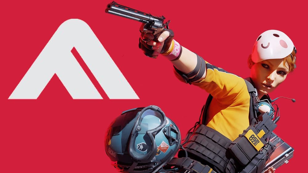 A shooter holds a pistol with a mask on the side of their face with The Finals logo in the corner above them.