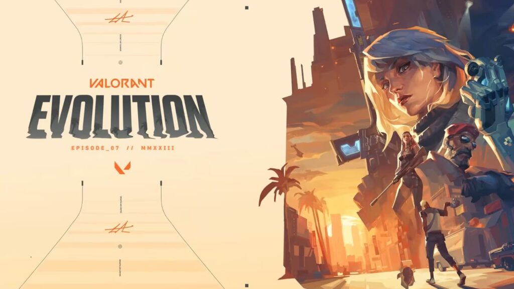 The VALORANT Episode 7 cover image, when the Run It Back bundle should release. featuring Deadlock, Brimstone, Reyna, and Gekko.