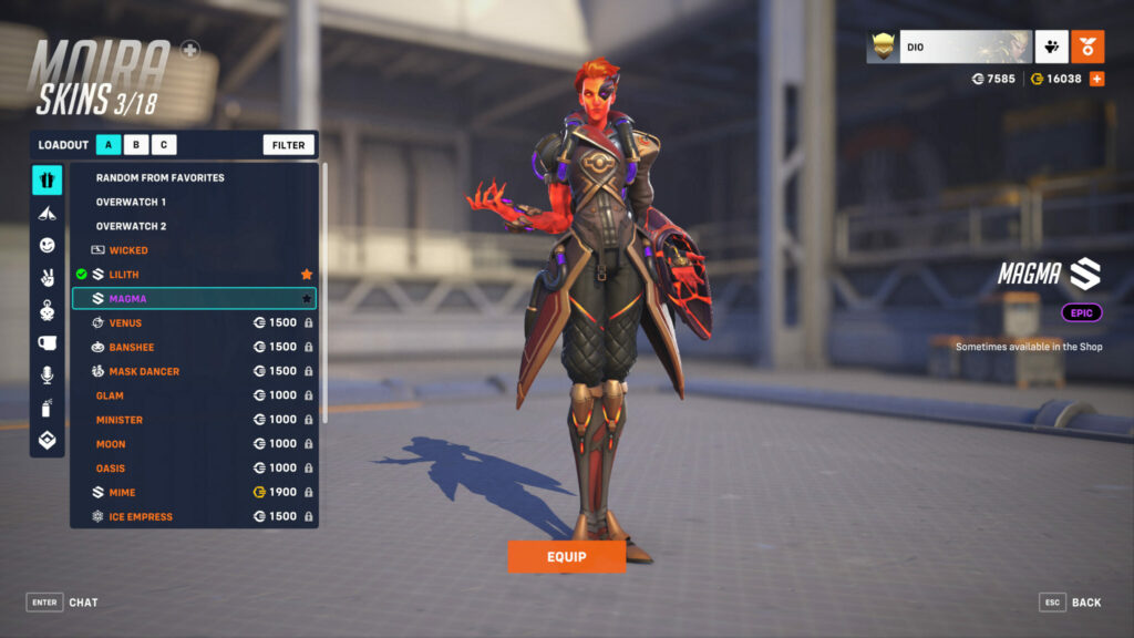 Screenshot of the Magma Moira skin from the Overwatch 2 Ultimate Battle Pass