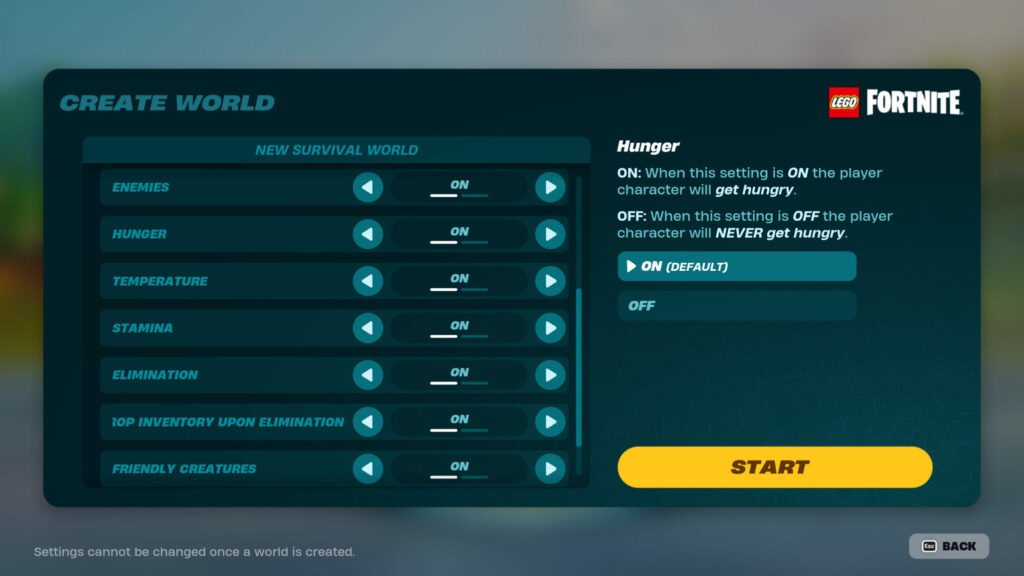 LEGO Fortnite world options 