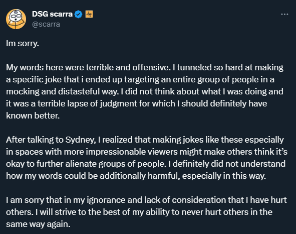 Scarra's apology