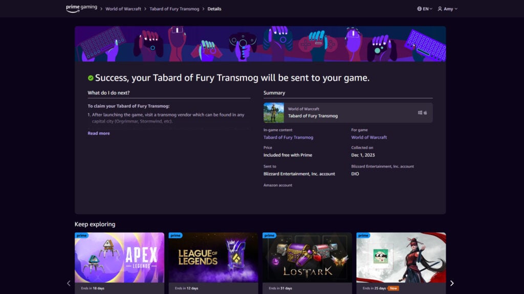 Claiming the free Tabard of Fury transmog