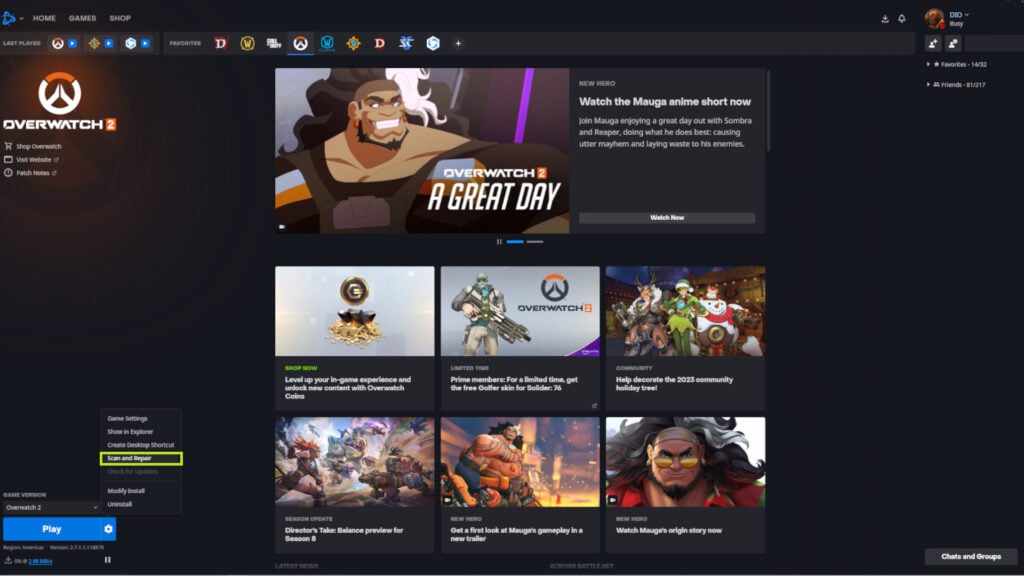 How to verify Overwatch 2's file integrity on the Battle.net launcher 