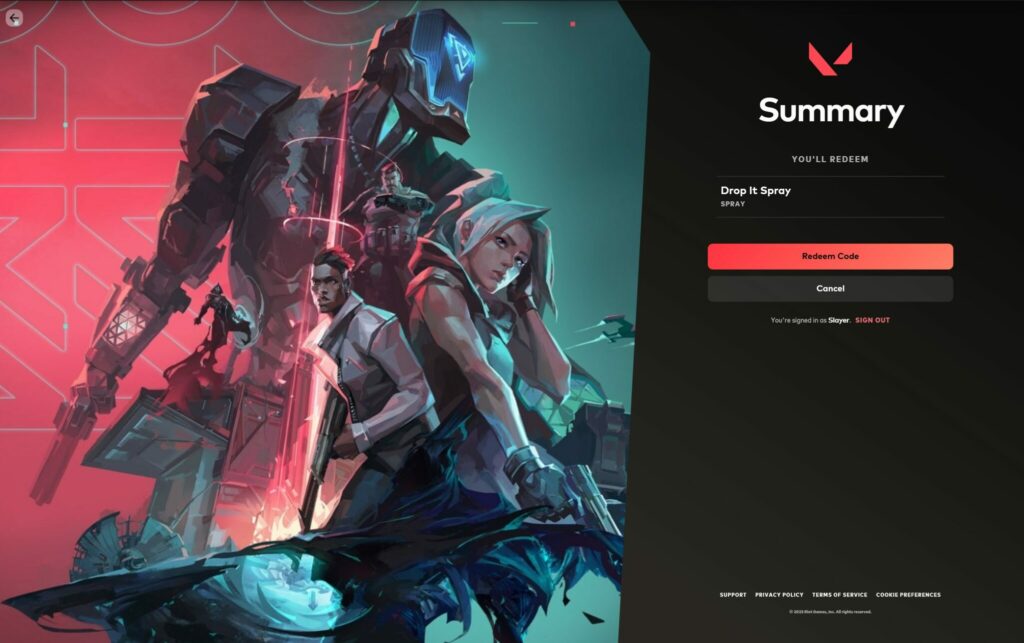 After entering the code, you should see a confirmation page to redeem the VALORANT Drop It Spray