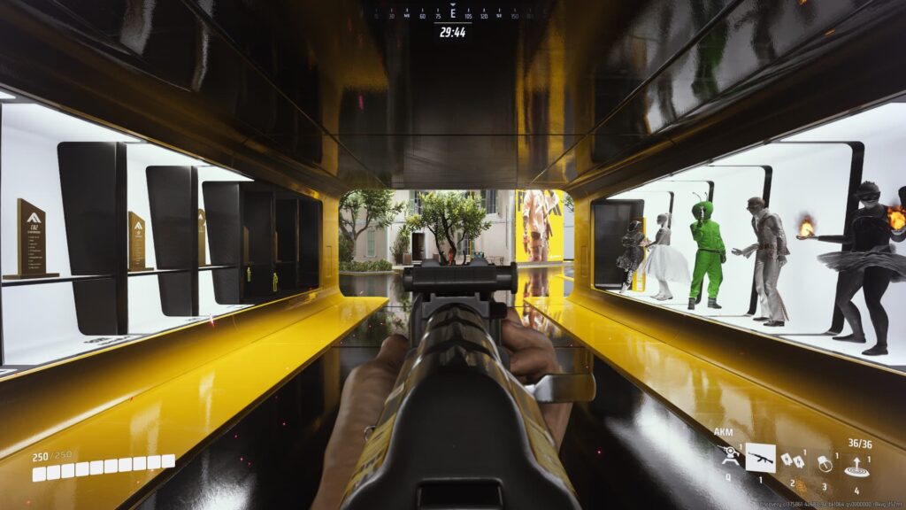 A player aims down the sights of the AKM.